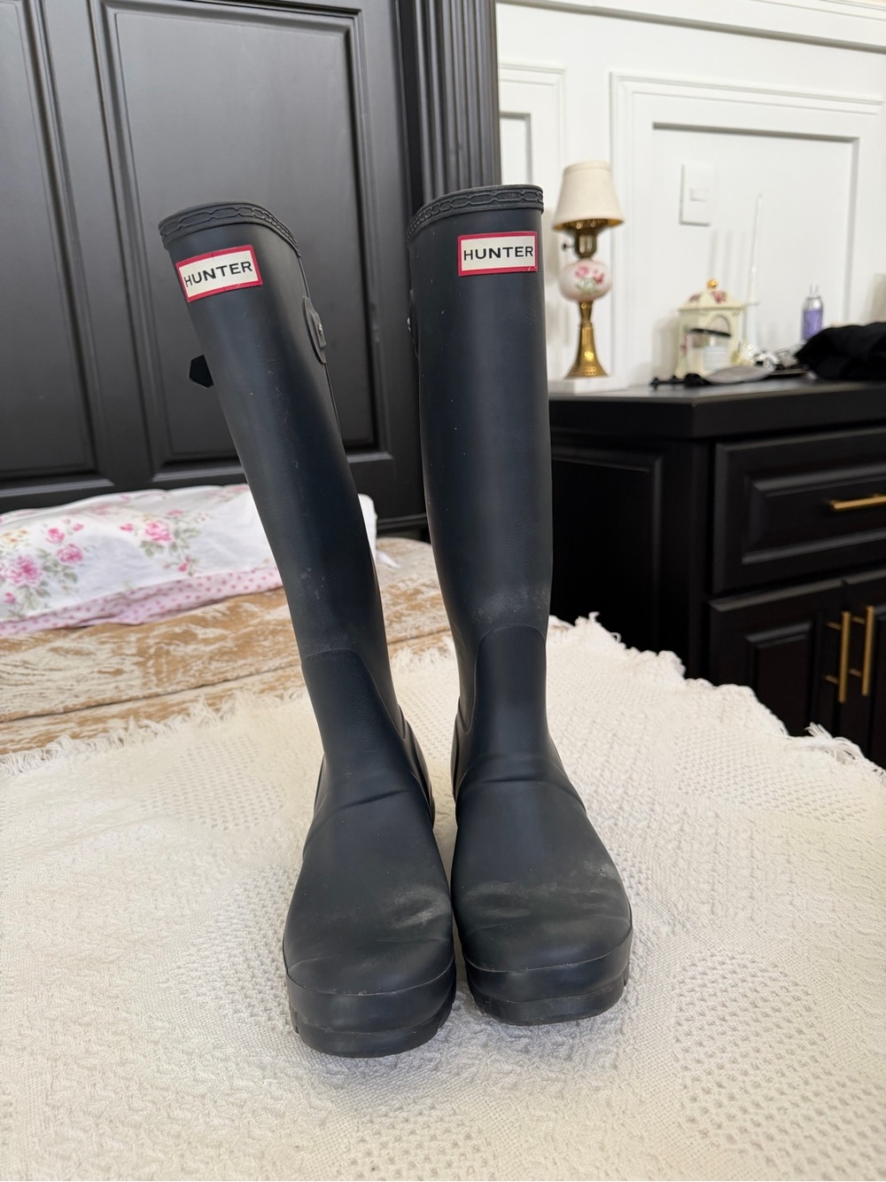 Hunter Tall Black Women's Rain Boots with Logo Trim